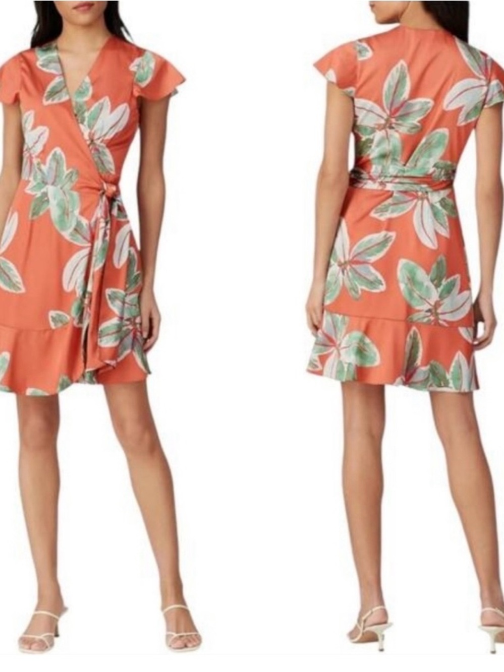 Hutch Orange Wrap lined Dress with Green and White Floral Print